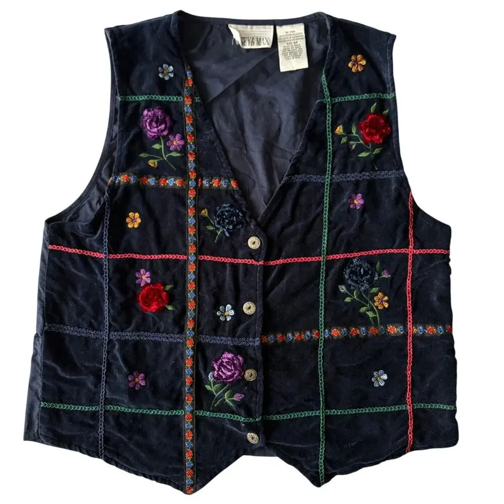 Casey and Max Woman's Vintage 90s Floral Velvet Vest Size Medium Cottage - Picture 1 of 5
